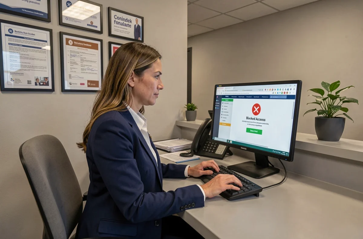 Employée d'agence d'assurance tentant de débloquer l'accès à l'extranet courtage AXA sur ordinateur de bureau