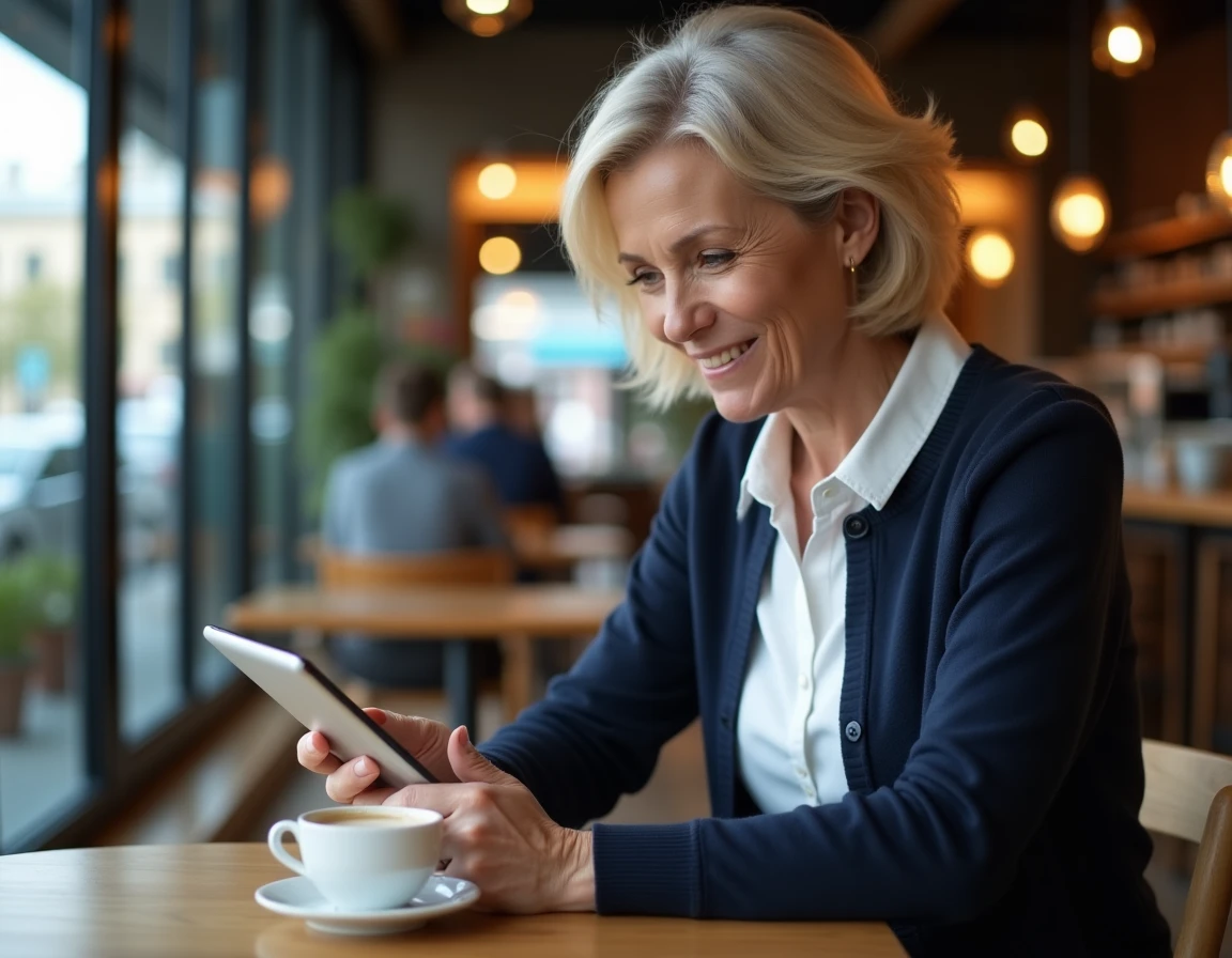 Femme senior accédant à son espace personnel extranet Azaé sur une tablette dans un café pour consulter ses heures