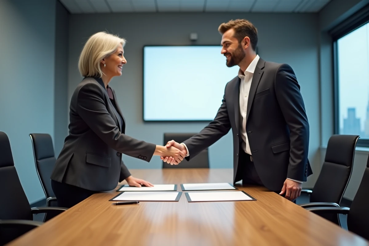 Signature et poignée de main après un accord de rupture conventionnelle entre employeur et employé en salle de réunion