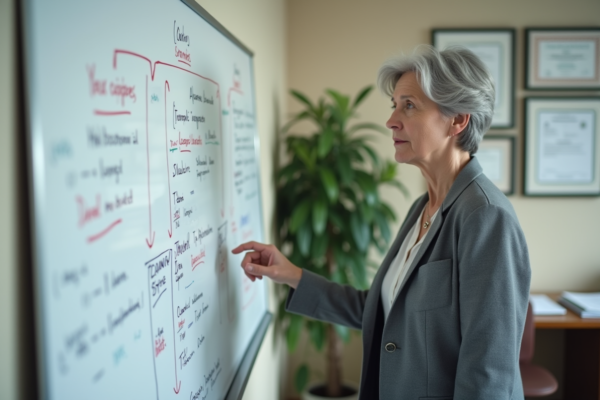 Femme administratrice explique principes devant tableau blanc