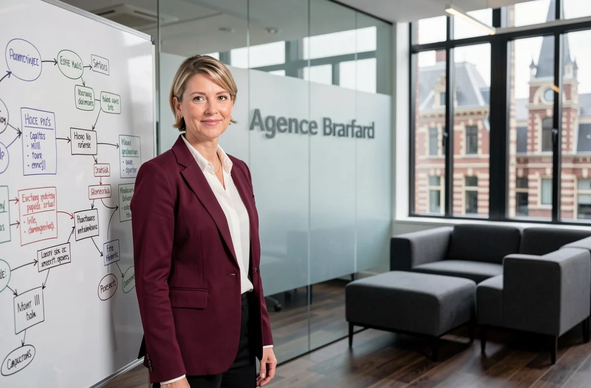 Consultante de l'Agence Bradford présentant une stratégie marketing sur un tableau en verre dans un bureau professionnel à Lille