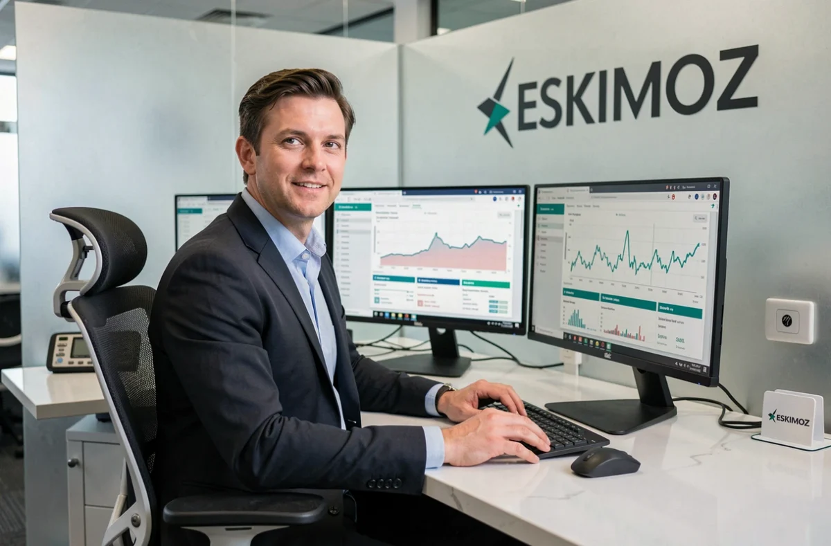 Analyste SEO de l'agence Eskimoz devant plusieurs écrans affichant des données de référencement dans un bureau corporate épuré
