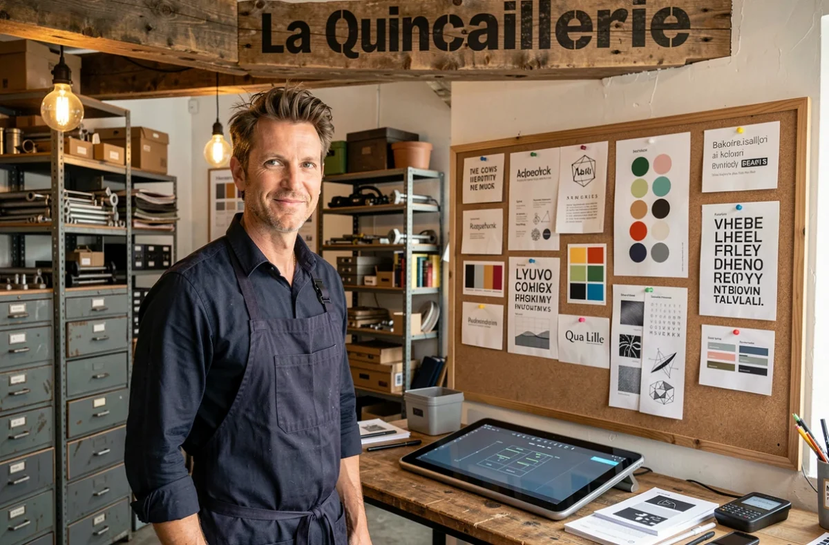 Directeur créatif de l'agence La Quincaillerie devant un mur d'inspirations visuelles dans un espace au décor industriel