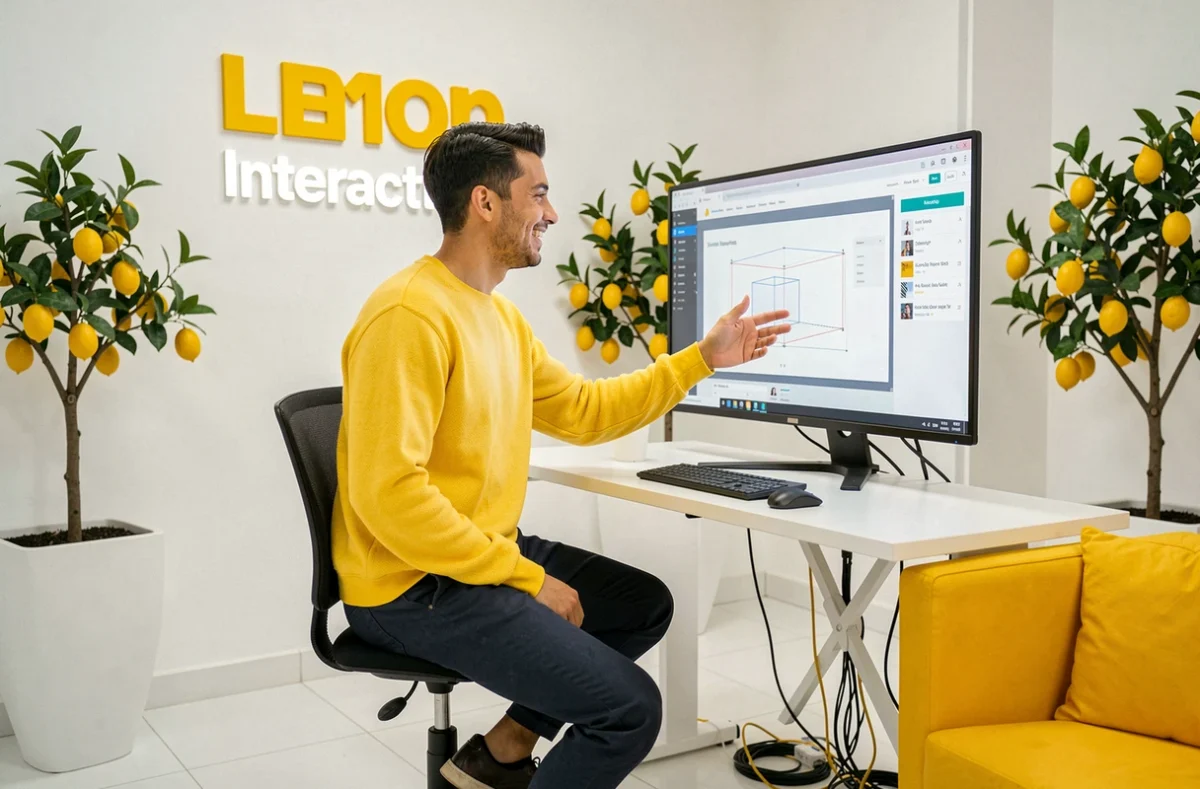 Développeur web de l'agence Lemon Interactive travaillant sur un projet de site responsive dans un bureau aux accents jaunes