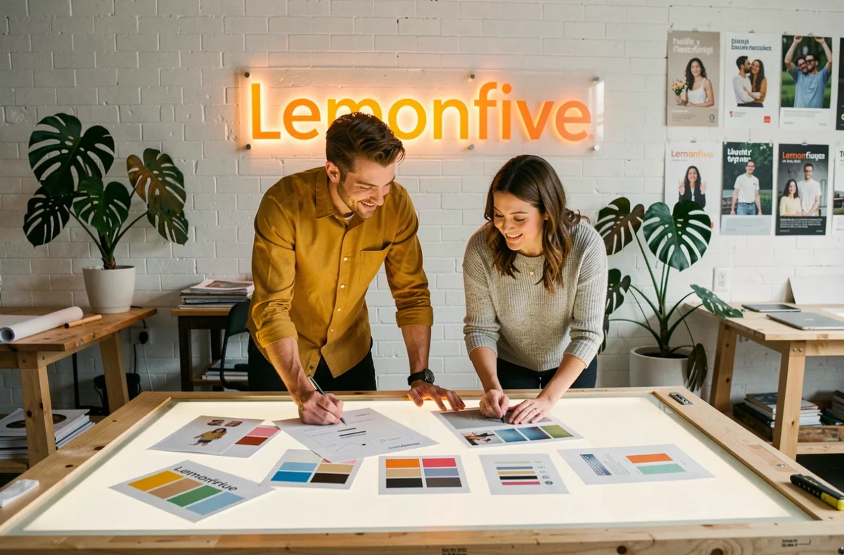 Deux créatifs de l'agence Lemonfive collaborant sur des maquettes imprimées dans un studio de design lumineux
