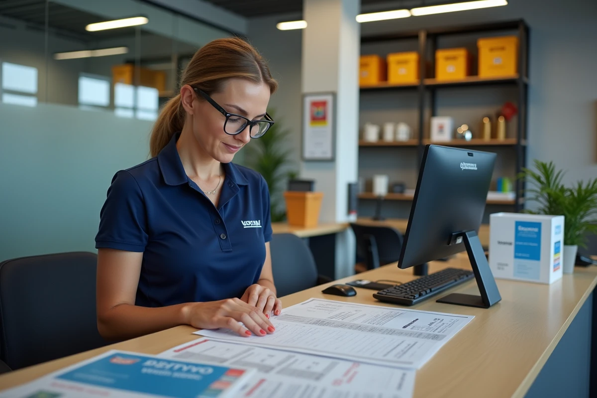 Femme responsable d'agence de location examinant un contrat et des bons de réduction au comptoir d'une agence de matériel