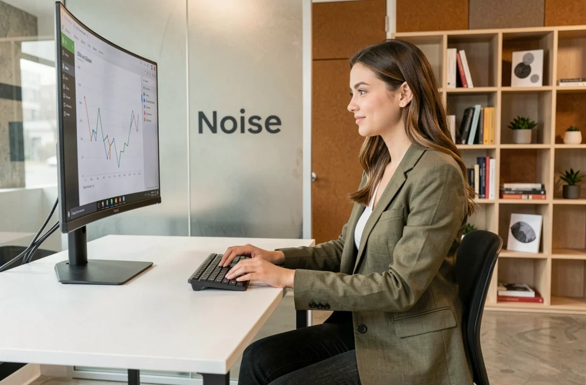 Consultante de l'agence Noiise travaillant sur des analyses SEO dans un bureau moderne au design épuré