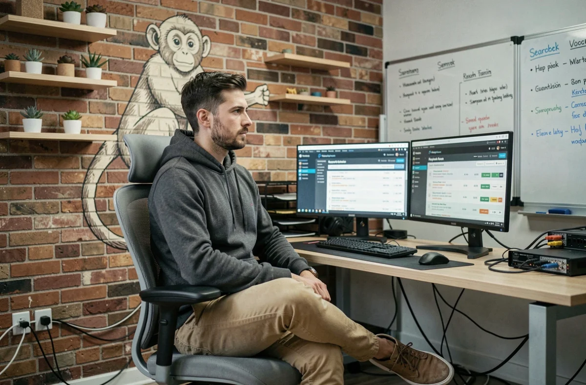 Stratège SEO de l'agence SEO Monkey analysant des données de référencement sur deux écrans dans un bureau créatif