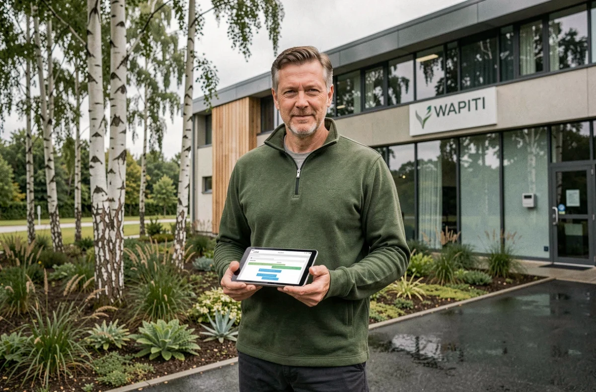 Chef de projet digital de l'agence Wapiti devant les locaux de l'agence entourés d'arbres dans un cadre naturel du nord de la France