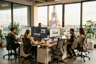 Vue d'ensemble d'une agence de création de sites internet moderne en Île-de-France avec des professionnels au travail