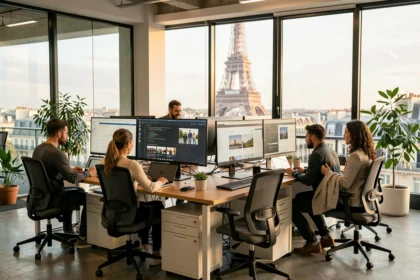 Vue d'ensemble d'une agence de création de sites internet moderne en Île-de-France avec des professionnels au travail