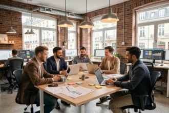 Équipe d'une agence de marketing digital dans les Hauts-de-France réunie autour d'une table de travail dans un open space moderne