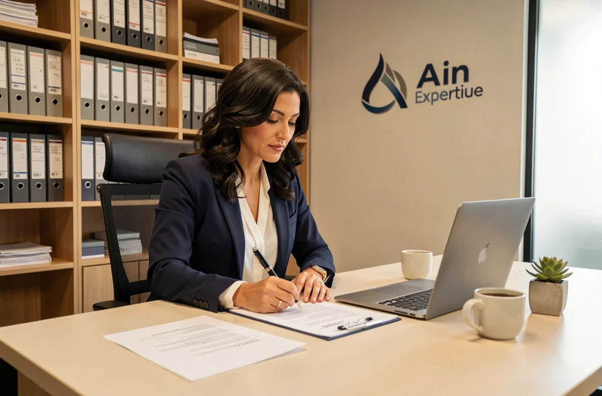 Comptable professionnelle d'Ain Expertise signant des documents financiers dans un bureau soigné et moderne