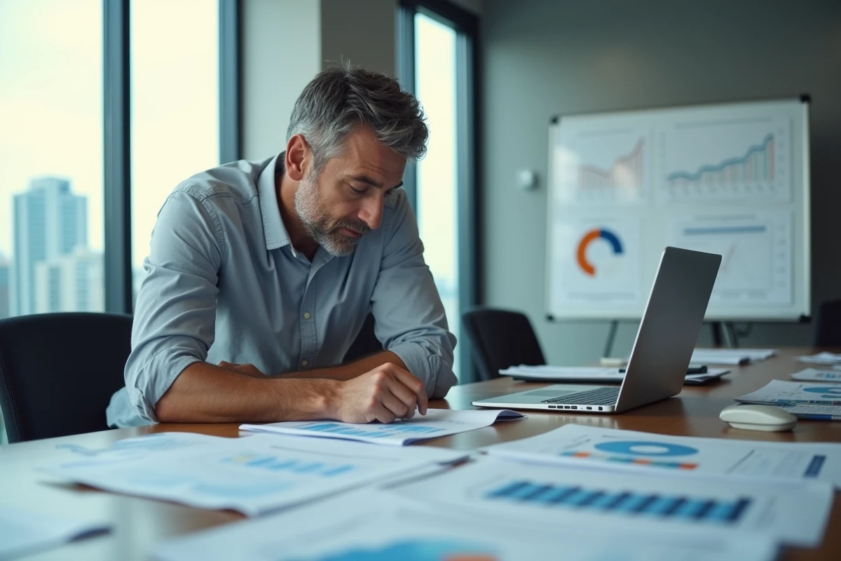Homme d'affaires analysant des rapports financiers et des graphiques budgétaires dans une salle de réunion avec vue urbaine