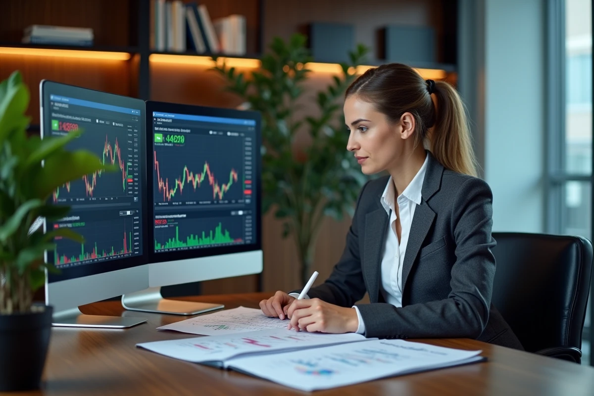Analyste financière étudiant les données boursières de l'action PARRO de Parrot Corp sur un écran de trading professionnel