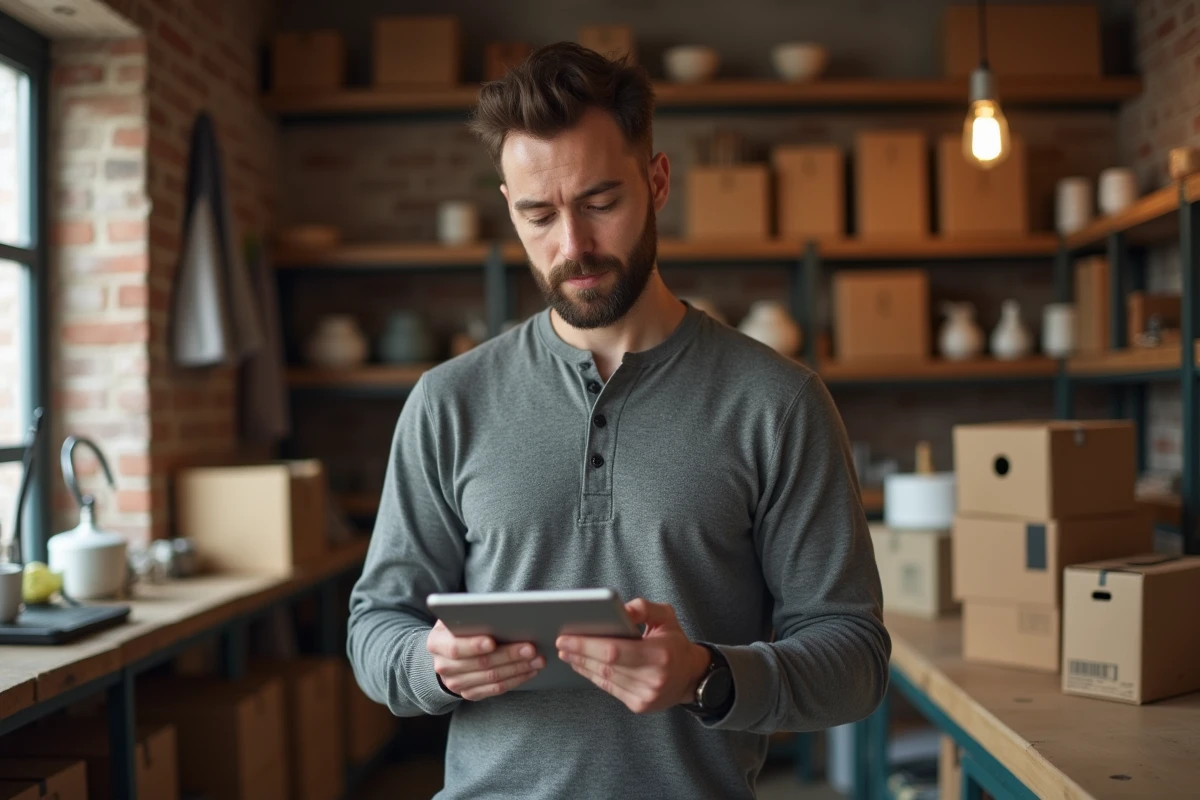 Artisan indépendant évaluant sur tablette un logiciel en ligne adapté à la gestion de sa petite activité