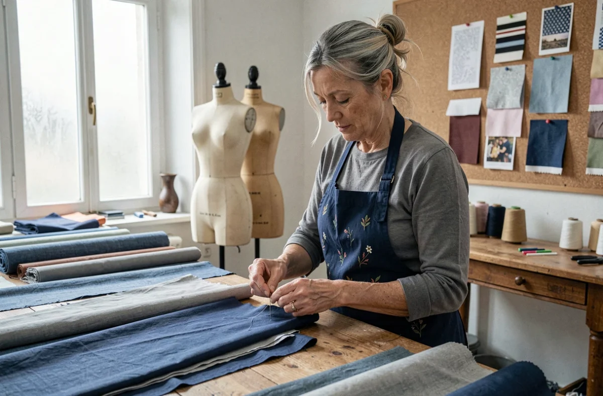 Artisane couturière travaillant dans un atelier de couture parisien entouré de tissus et de mannequins