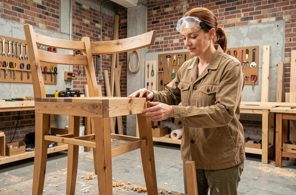 Artisane charpentière inspectant un assemblage de bois dans un atelier de menuiserie moderne