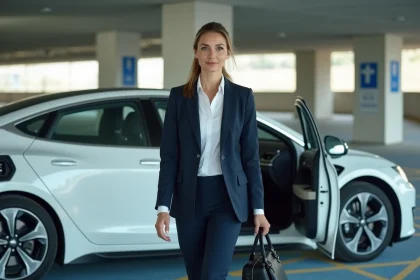 Professionnelle sortant d'une voiture électrique blanche dans un parking d'entreprise avec borne de recharge visible