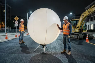 Ballon éclairant de chantier sur trépied utilisé par des ouvriers lors de travaux routiers de nuit en milieu urbain