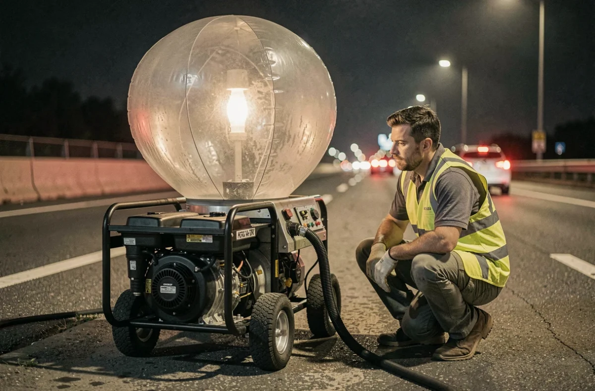 Ballon éclairant portatif sur groupe électrogène installé en bord d'autoroute lors de travaux nocturnes