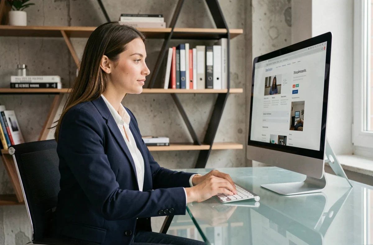 Professionnelle de l'agence Bew Web Agency travaillant sur un prototype de site internet dans un bureau parisien moderne