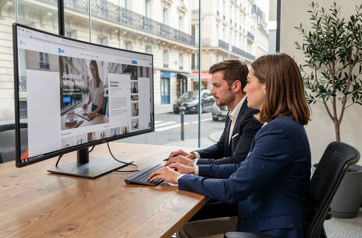 Duo de l'agence Beyonds travaillant sur la refonte d'un site e-commerce dans une salle de réunion vitrée avec vue sur Paris