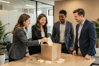 Groupe de collègues déposant des idées dans une boîte à suggestions en bois lors d'une réunion d'équipe en open space