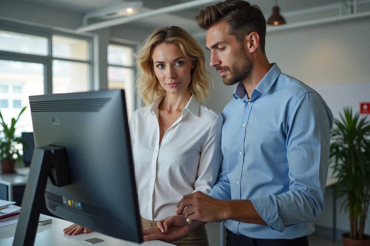 Deux collègues de La Poste consultant ensemble les bonnes pratiques de connexion sécurisée sur le portail Box RH