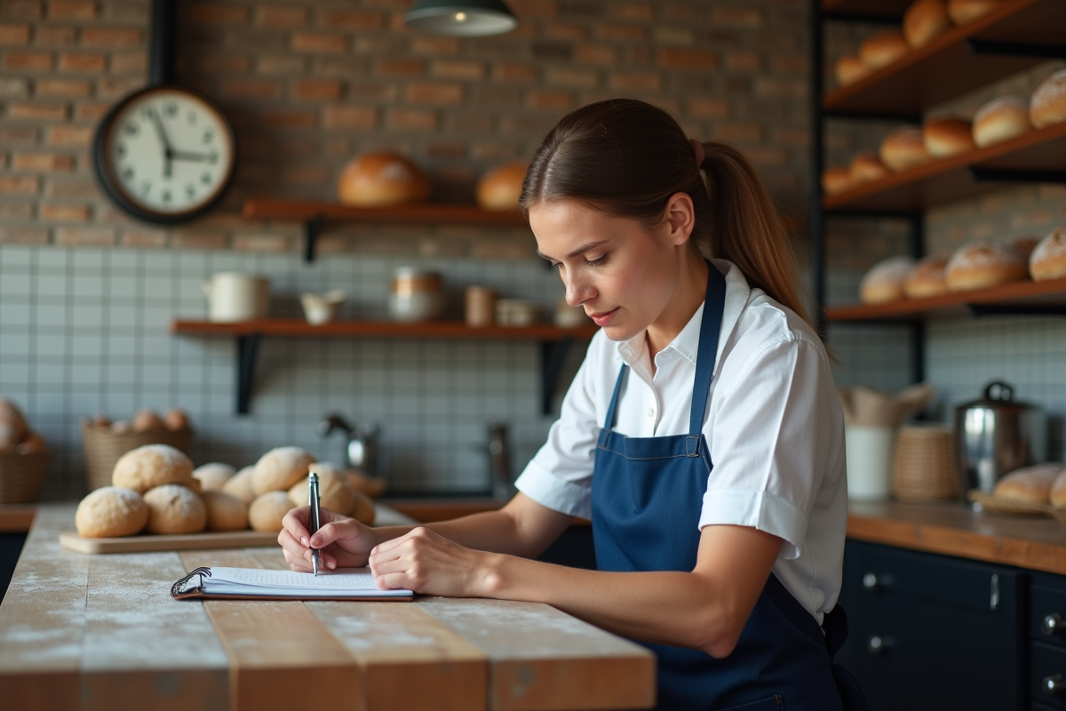 Femme boulangère vérifiant une horloge dans la boulangerie
