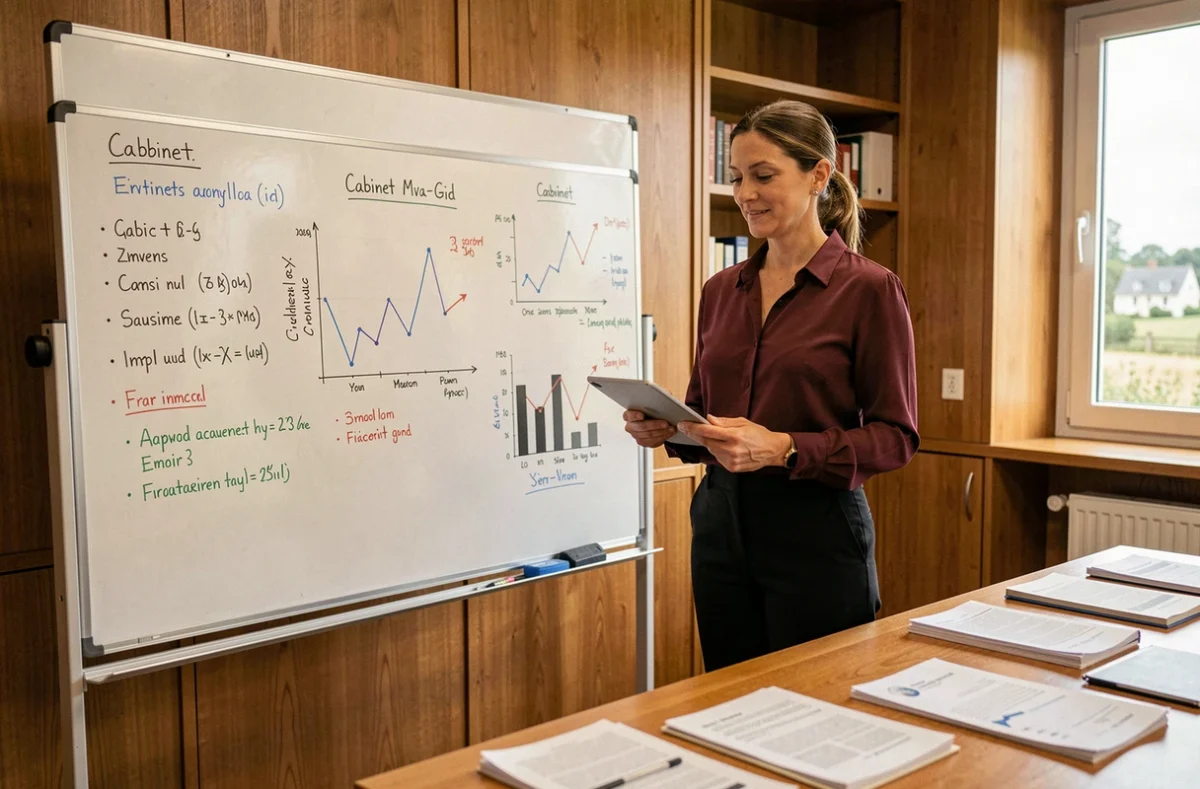 Comptable du Cabinet Mva-Gid présentant des graphiques financiers dans une salle de réunion professionnelle