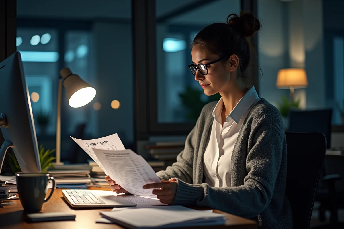 Femme consultant des fiches de paie et barèmes de salaire de nuit dans un bureau, symbolisant le calcul des primes horaires