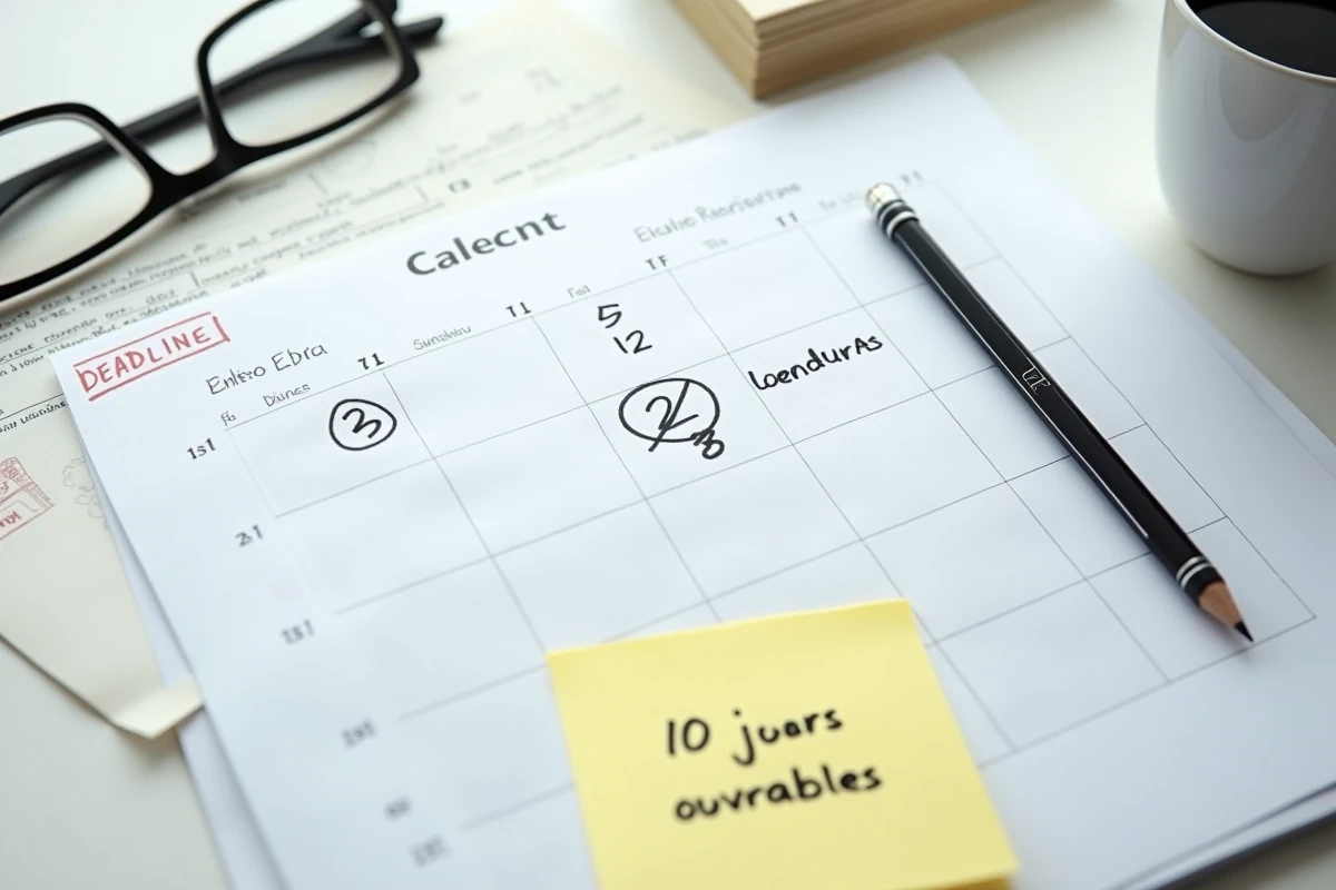 Vue de dessus d'un calendrier papier avec jours ouvrables barrés et date limite d'appel cerclée, note autocollante manuscrite et document juridique tamponné sur bureau blanc