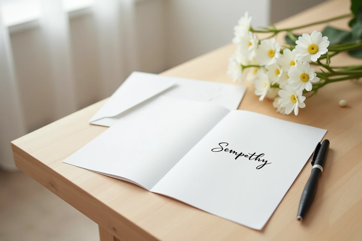 Carte de condoléances ouverte avec stylo et fleur blanche sur une table en bois clair