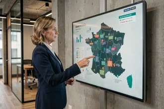 Professionnelle pointant une carte interactive de France affichant des opportunités d'implantation d'entreprise sur un écran mural numérique