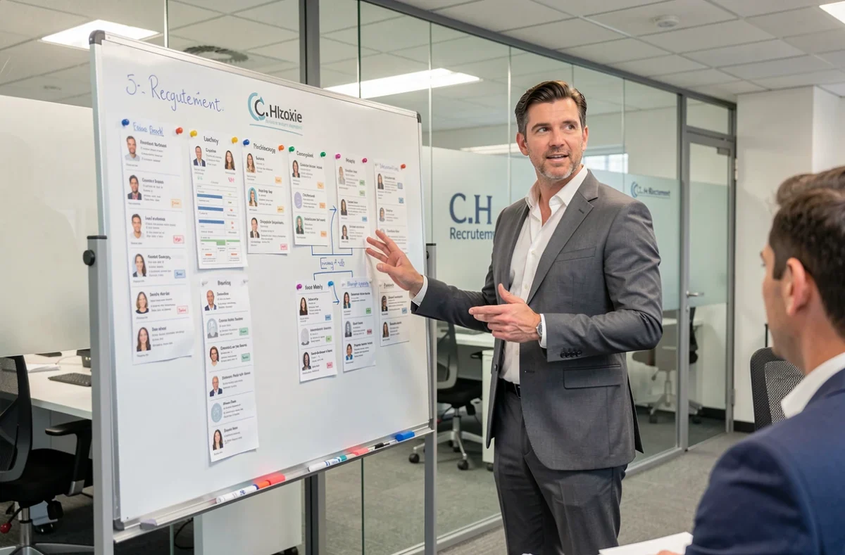 Consultant du cabinet C.H Recrutement présentant une stratégie de placement de candidats sur tableau blanc