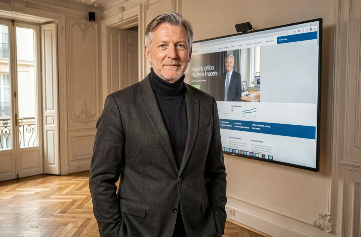 Directeur créatif de l'agence Churchill présentant un site web corporate dans un bureau élégant de style haussmannien à Paris
