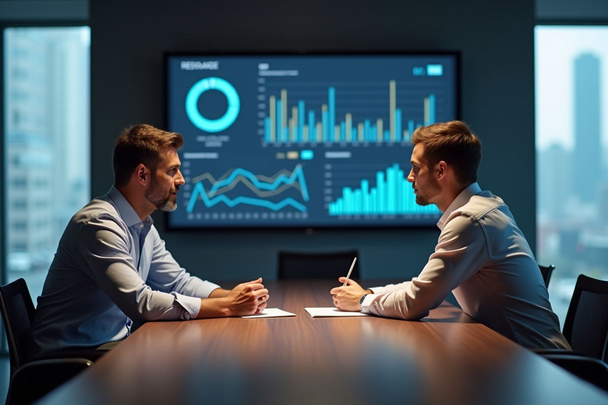 Homme et jeune collegue discutant d un tableau digital