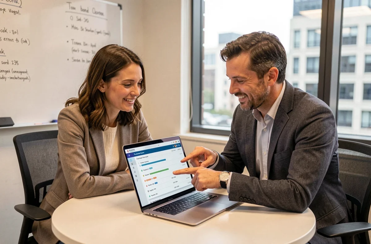 Deux collègues analysant ensemble un logiciel de gestion de marché pour optimiser leur temps et leur stratégie commerciale