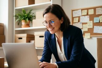 Commerçante fidélisant sa clientèle via un message personnalisé sur ordinateur dans son arrière-boutique
