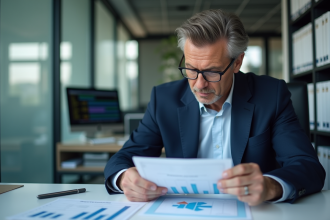 Homme comptable en costume bleu examinant des rapports financiers