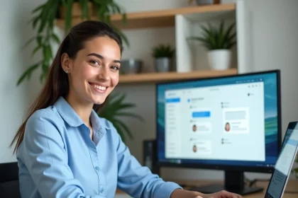 Femme configurant un live chat sur un site web depuis son bureau à domicile