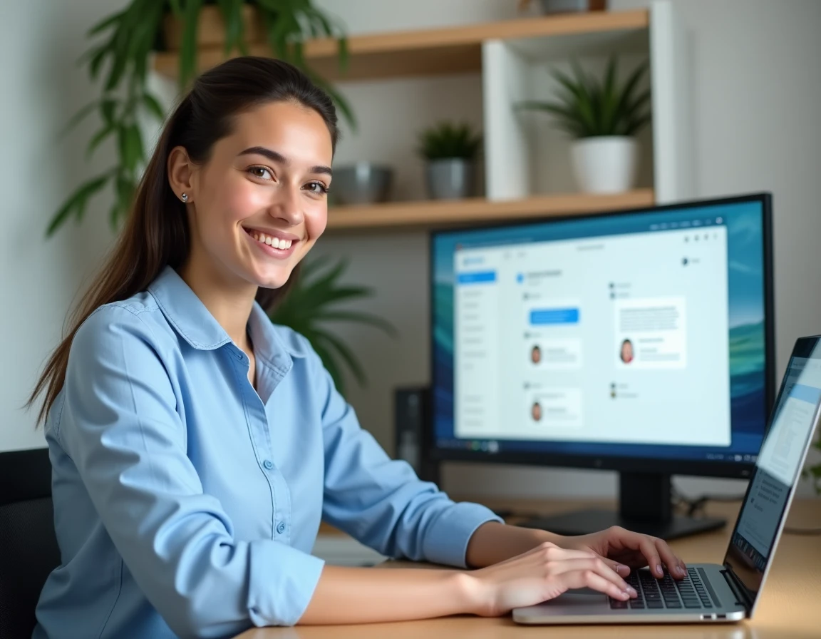 Femme configurant un live chat sur un site web depuis son bureau à domicile