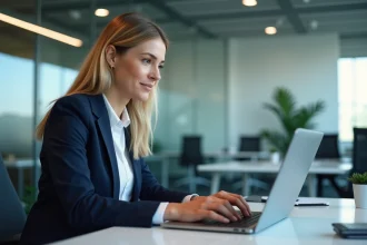 Employée de La Poste se connectant de manière sécurisée à la Box RH sur son ordinateur portable au bureau