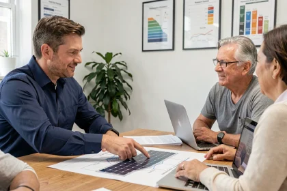 Conseiller en énergie solaire de SYLVIDRA ENERGY expliquant une étude de faisabilité à un couple lors d'une consultation en bureau