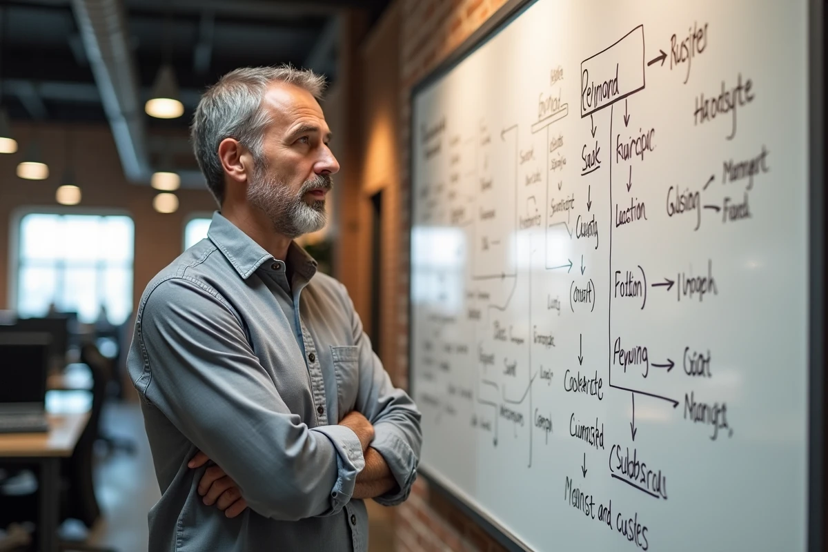 Consultant web présentant une architecture de site et une stratégie SEO sur un tableau blanc
