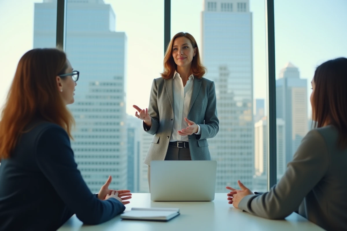 Consultante présentant une stratégie d'optimisation de site vitrine SaaS lors d'une réunion professionnelle