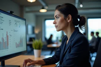 Consultante web analysant des tableaux de bord de stratégie digitale dans une agence moderne