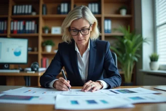 Femme consultant des archives institutionnelles sur un bureau en bois dans un bureau administratif moderne, représentant la gestion documentaire de l'ESS
