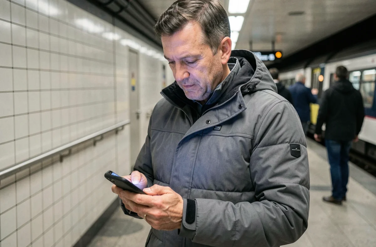 Homme consultant le portail CE-RATP sur son smartphone dans une station de métro parisienne